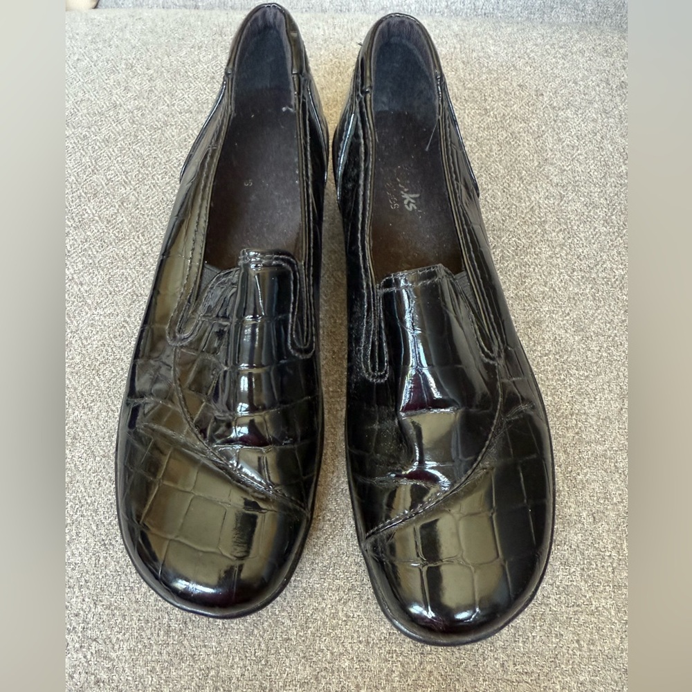 Clarks Black Slip-On Loafers with Glossy Finish